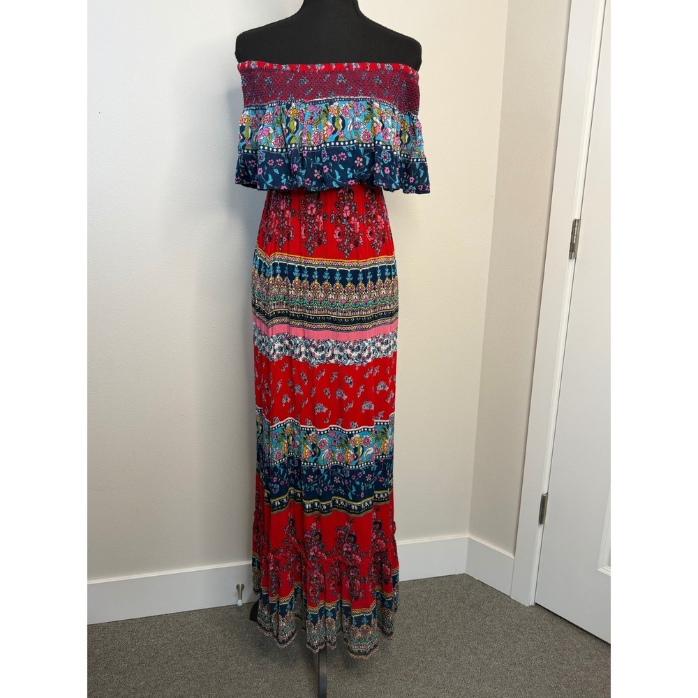 Patrons of Peace Boho Patchwork Off The Shoulder Maxi Dress Red Floral Small